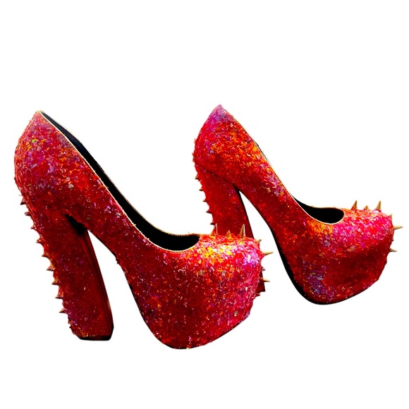 Shoe Republic LA Shoes - Pink Spiked Confetti Wedged Heels
